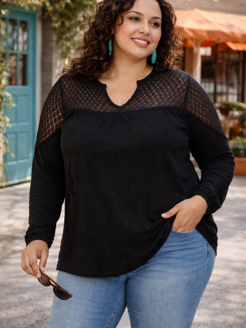 Style & Co Black Lace Shoulder Peasant Top 1X NWT Boho Chic Blouse